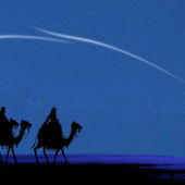 Ilustración de los Reyes Magos siguiendo la estrella de Belén.
