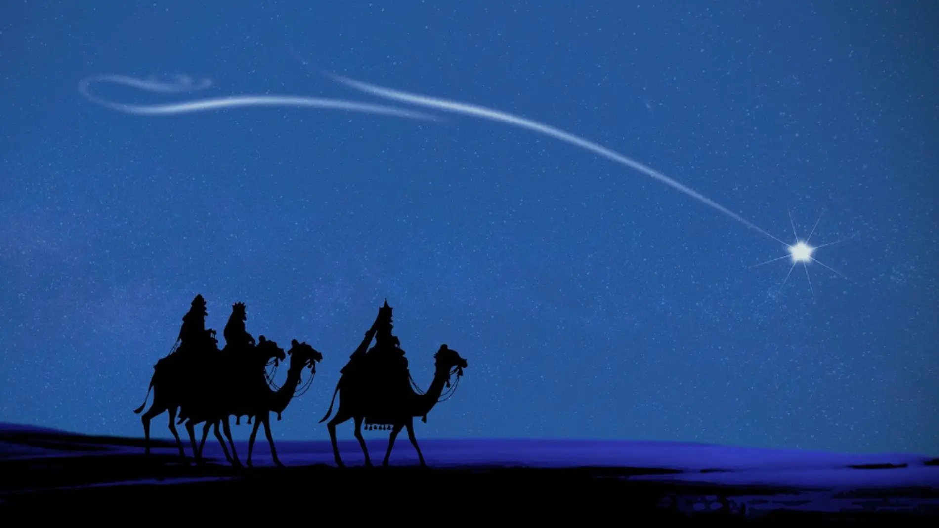 Ilustración de los Reyes Magos siguiendo la estrella de Belén.