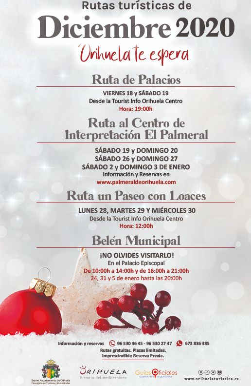La Concejalía de Turismo del Ayuntamiento de Orihuela, que dirige la edil Mariola Rocamora, ha programado una serie de rutas para el mes de diciembre La Concejalía de Turismo del Ayuntamiento de Orihuela, que dirige la edil Mariola Rocamora, ha programado una serie de rutas para el mes de diciembre