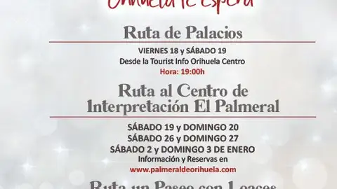 La Concejalía de Turismo del Ayuntamiento de Orihuela, que dirige la edil Mariola Rocamora, ha programado una serie de rutas para el mes de diciembre Rutas