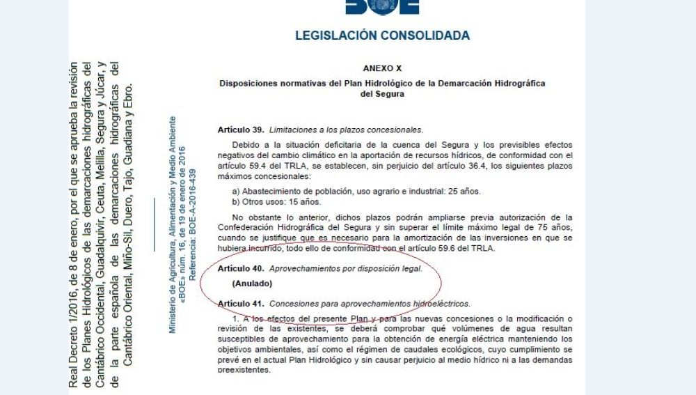 Artículo 40 Plan Hidrológico del Segura anulado por el Supremo