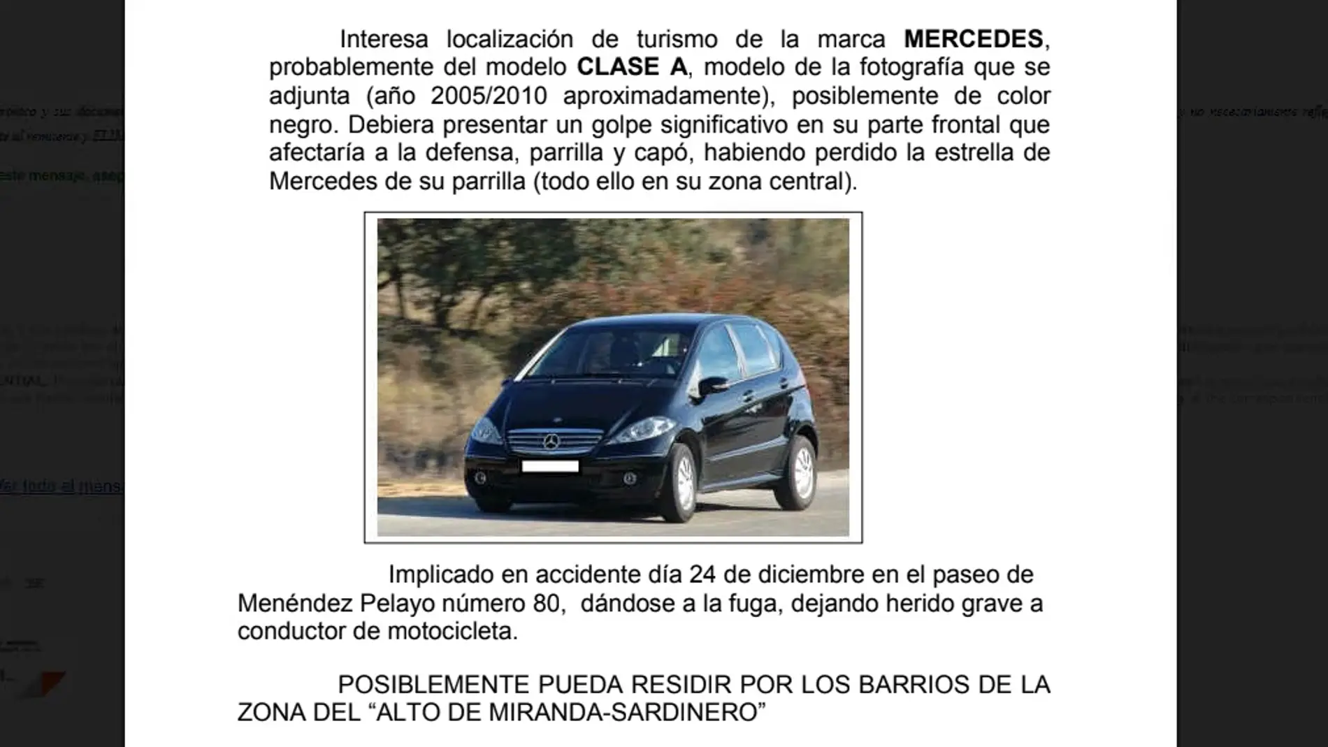 Solicitan la colaboración ciudadana para encontrar un 'Mercedes' que se dio a la fuga después de chocar con un motorista en Santander