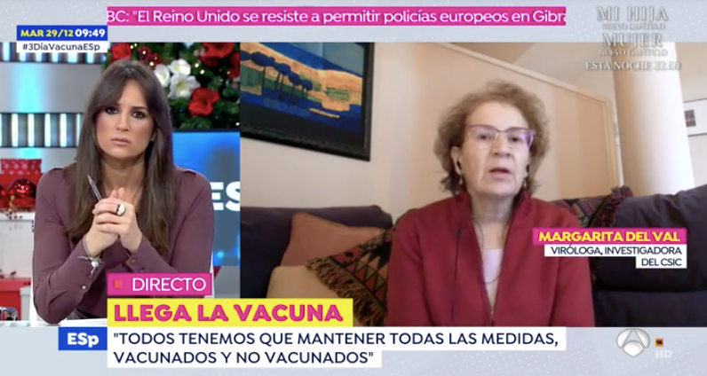 Margarita del Val, sobre la vacuna: "Todavía no sabemos si existe siquiera la posibilidad de que contribuya a la inmunidad colectiva" Margarita del Val, sobre la vacuna: "Todavía no sabemos si existe siquiera la posibilidad de que contribuya a la inmunidad colectiva"