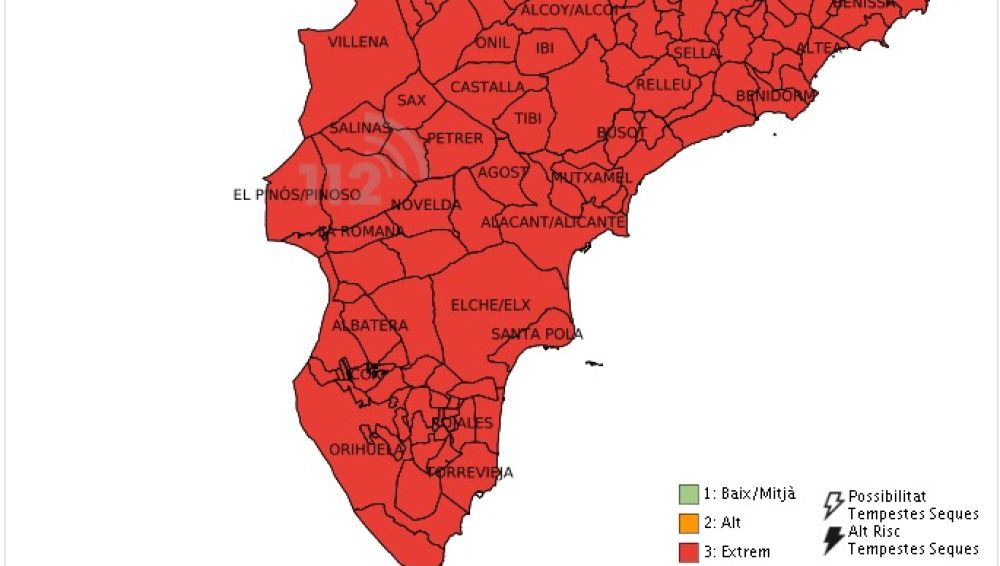 Mapa de nivel de alerta por incendios en la Comunitat Valenciana el 29 de diciembre.