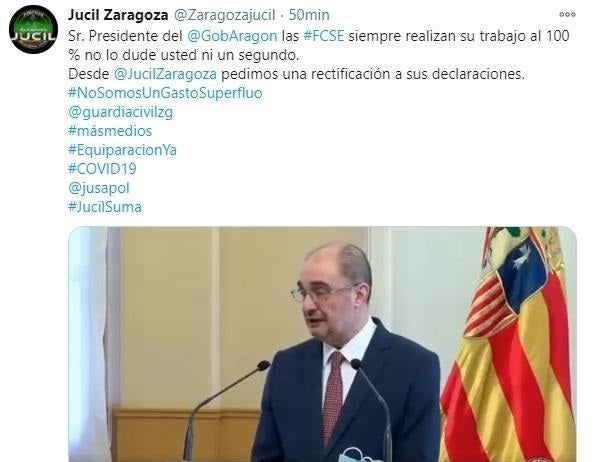 Guardias civiles y policías, indignados con Lambán por cuestionar su implicación Guardias civiles y policías, indignados con Lambán por cuestionar su implicación