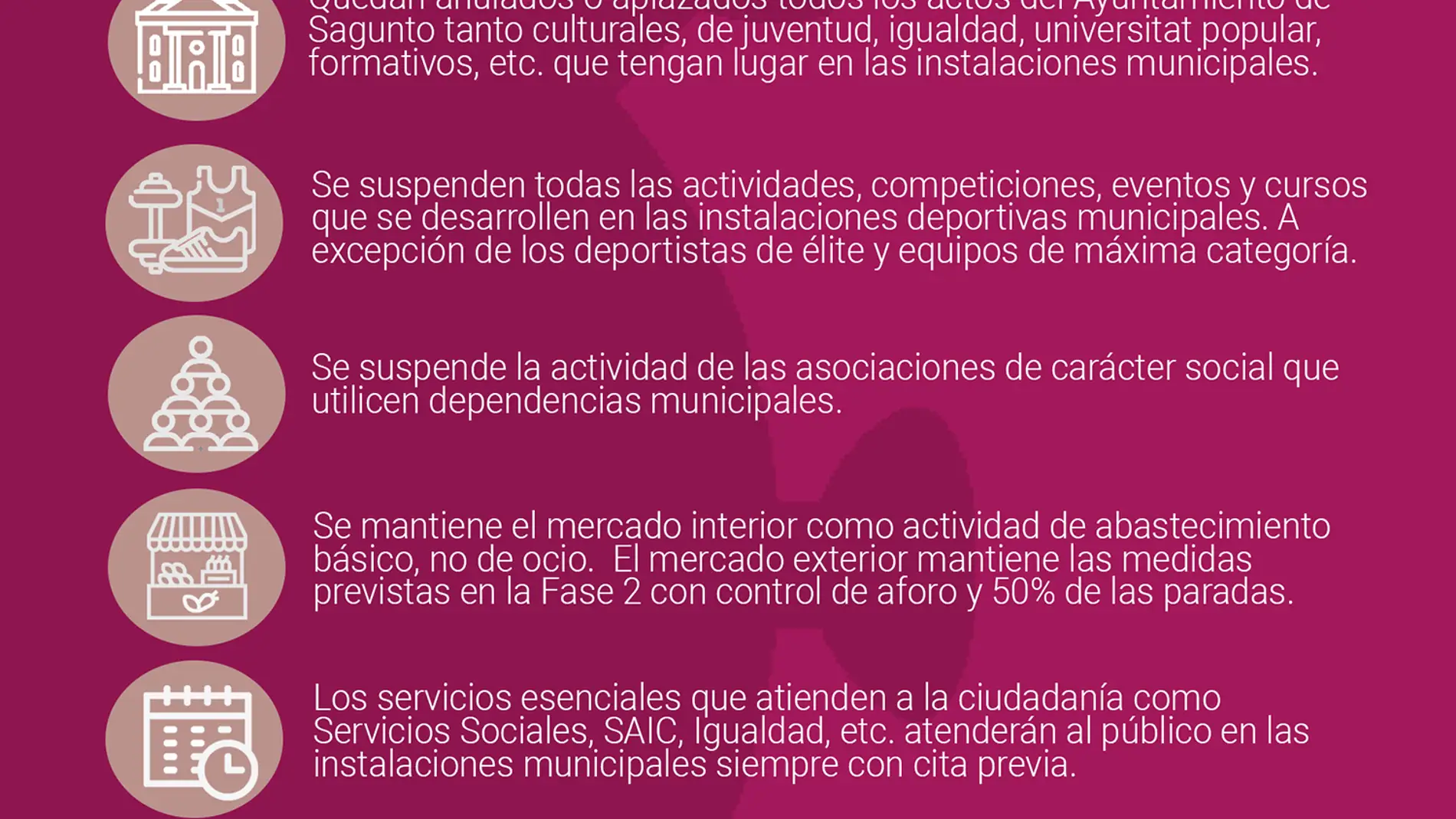 El Ayuntamiento de Sagunto suspende las actividades culturales, deportivas y sociales en todos los espacios municipales y en la vía pública. 