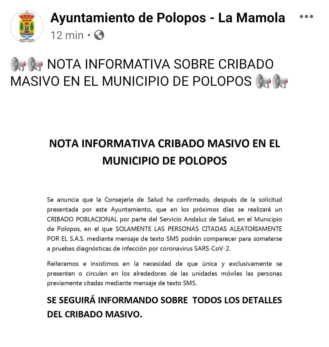 Matías González, Alcalde de Polopos-La Mamola: " El próximo jueves 28 de enero, si no cambian las circunstancias, se realizará un cribado en el municipio" . Matías González, Alcalde de Polopos-La Mamola: " El próximo jueves 28 de enero, si no cambian las circunstancias, se realizará un cribado en el municipio" .