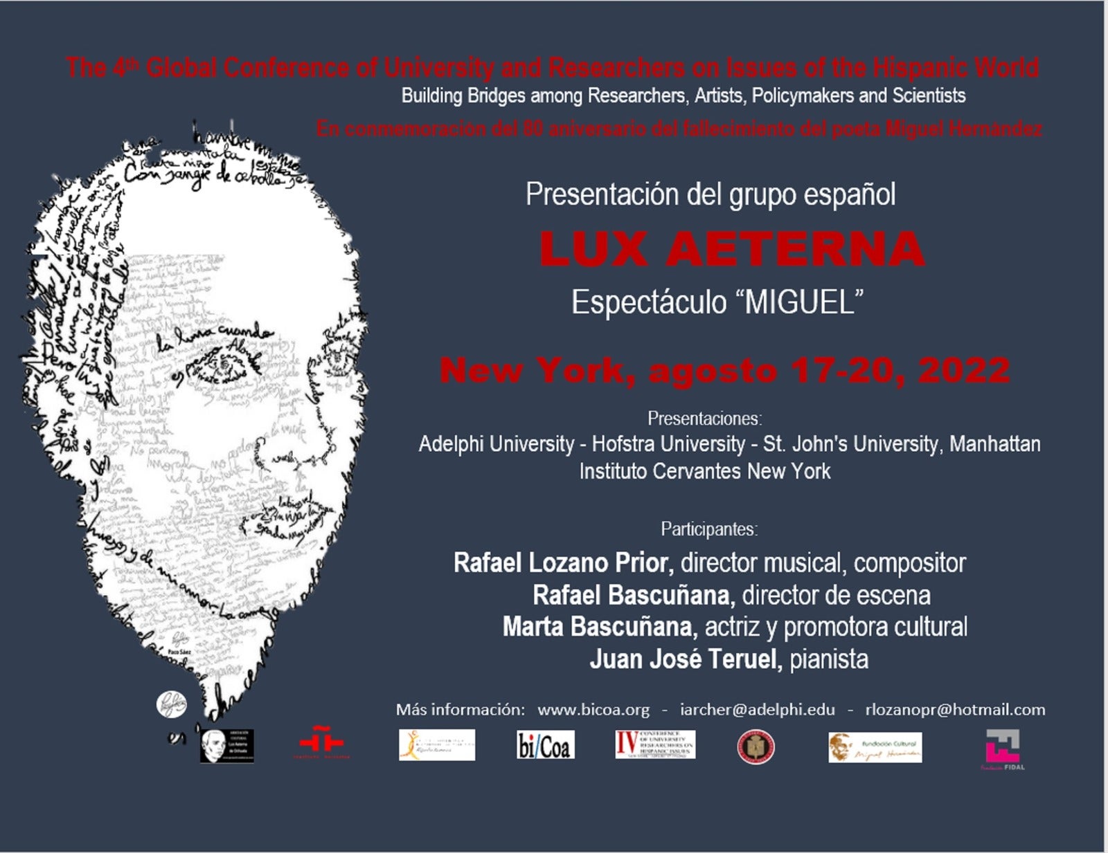 El grupo Lux Aeterna, invitado a participar con su espectáculo: Miguel. Homenaje a Miguel Hernández El grupo Lux Aeterna, invitado a participar con su espectáculo: Miguel. Homenaje a Miguel Hernández