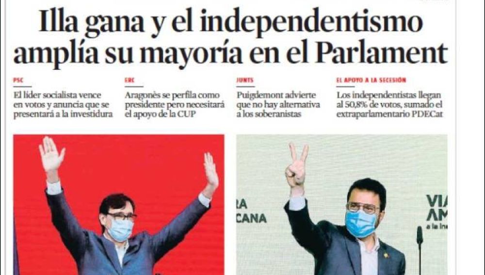 Portada de La Vanguardia 15 de febrero 2021
