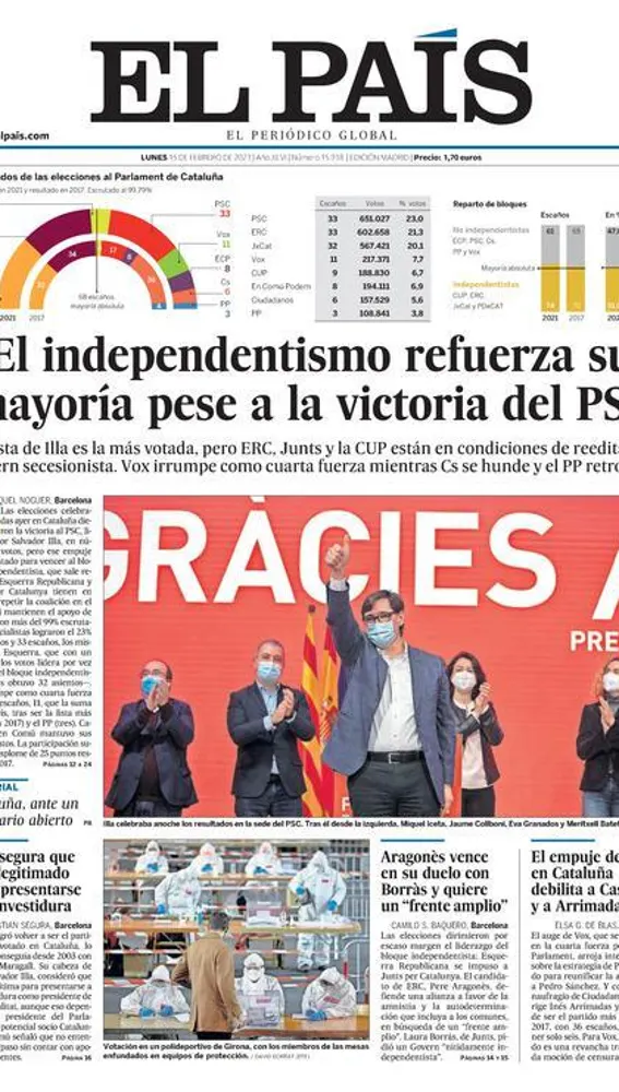 Portada de El País 15 febrero 2021