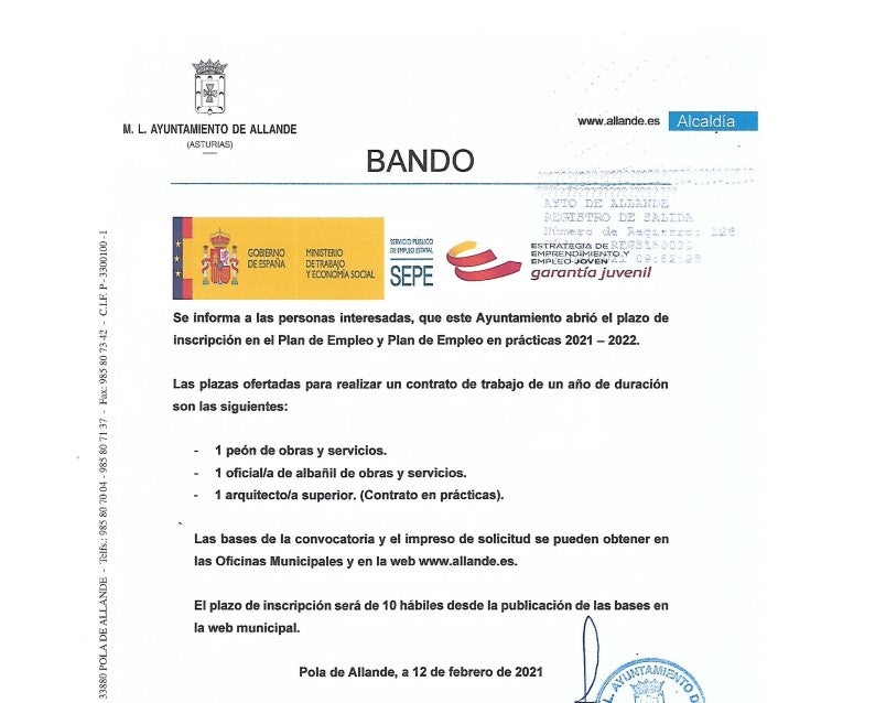 El Ayuntamiento allandés ofrece 3 puestos de trabajo El Ayuntamiento allandés ofrece 3 puestos de trabajo