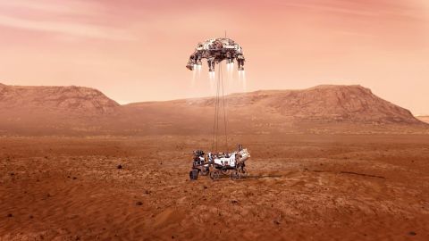 Fotograf&iacute;a cedida por la Administraci&oacute;n Nacional de Aeron&aacute;utica y el Espacio (NASA) que muestra una ilustraci&oacute;n del rover Perseverance mientras aterriza de forma segura sobre la superficie de Marte