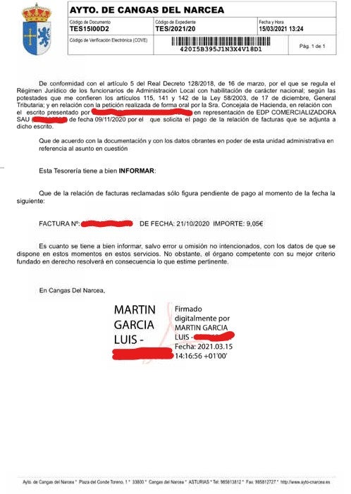 El Ayuntamiento de Cangas del Narcea niega deudas con EDP El Ayuntamiento de Cangas del Narcea niega deudas con EDP