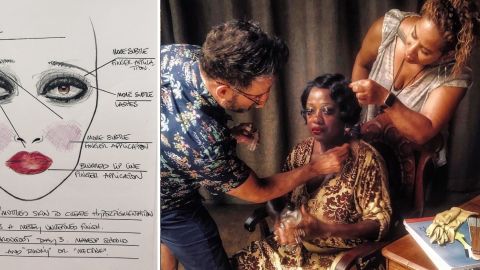 El maquillador espa&ntilde;ol Sergio L&oacute;pez-Rivera retoca a Viola Davis en el set de 'La madre del blues'
