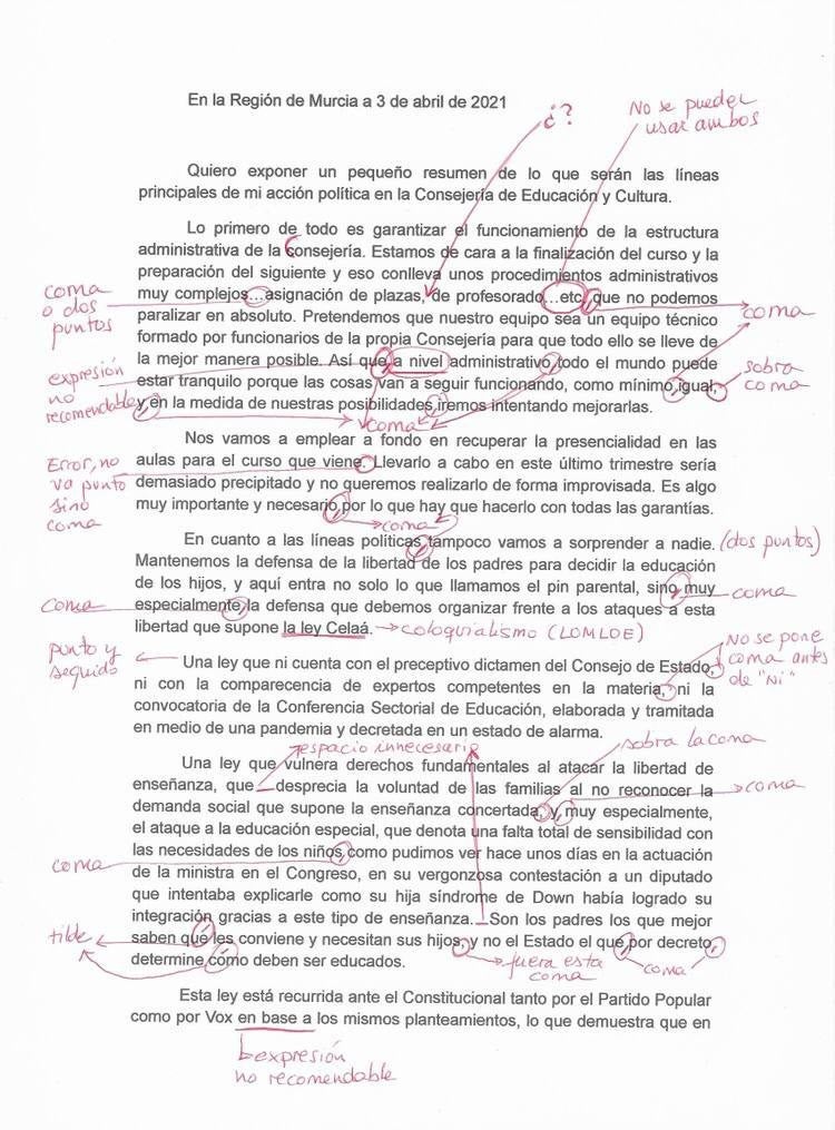 Docentes corrigen las faltas de ortografía de la nueva Consejera de Educación en Murcia Docentes corrigen las faltas de ortografía de la nueva Consejera de Educación en Murcia