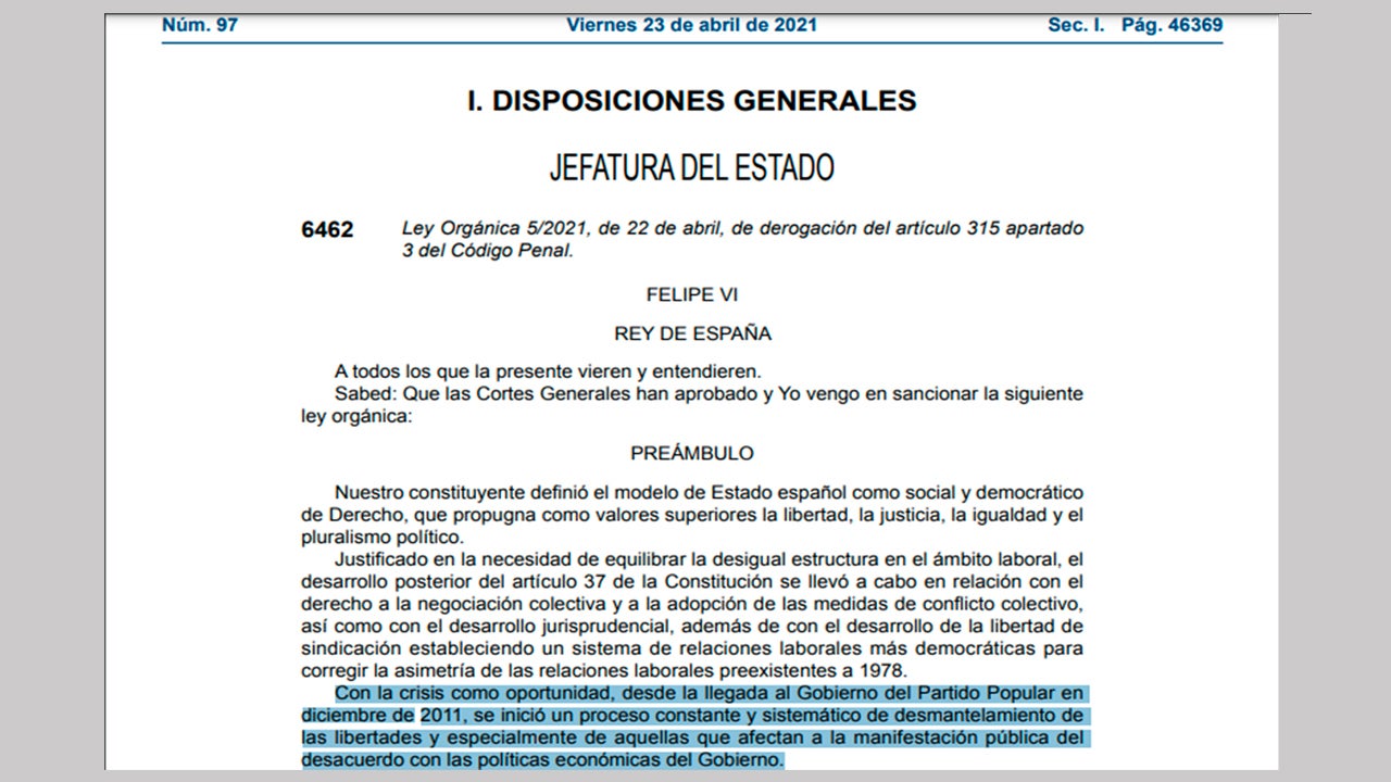 El Gobierno utiliza el BOE para culpar al Partido Popular de "desmantelar las libertades" El Gobierno utiliza el BOE para culpar al Partido Popular de "desmantelar las libertades"