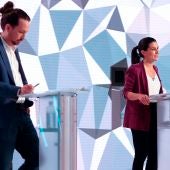 Pablo Iglesias y Rocío Monasterio, en el debate de Telemadrid por las elecciones del 4M en Madrid