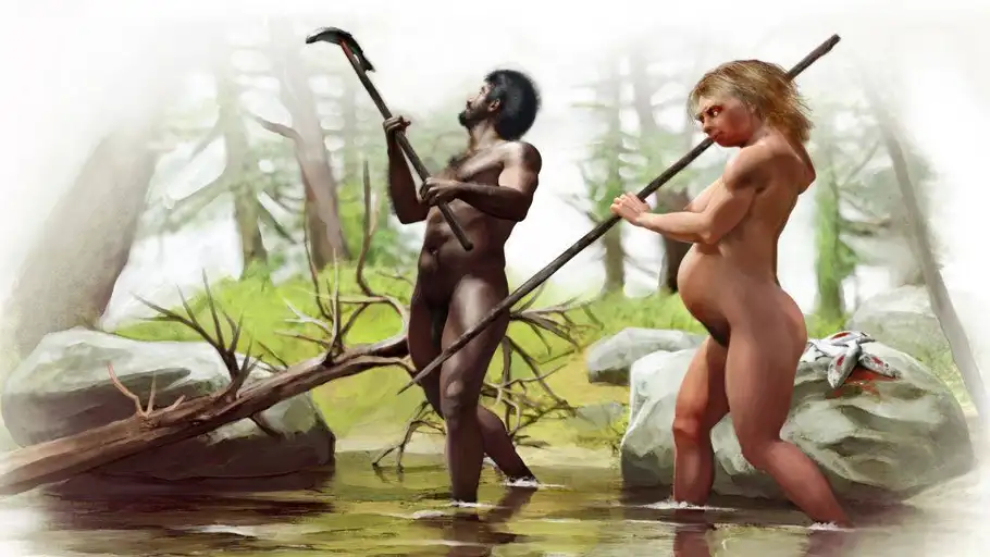 Una pareja de mujer neandertal y hombre Homo sapiens Una pareja de mujer neandertal y hombre Homo sapiens