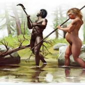 Una pareja de mujer neandertal y hombre Homo sapiens