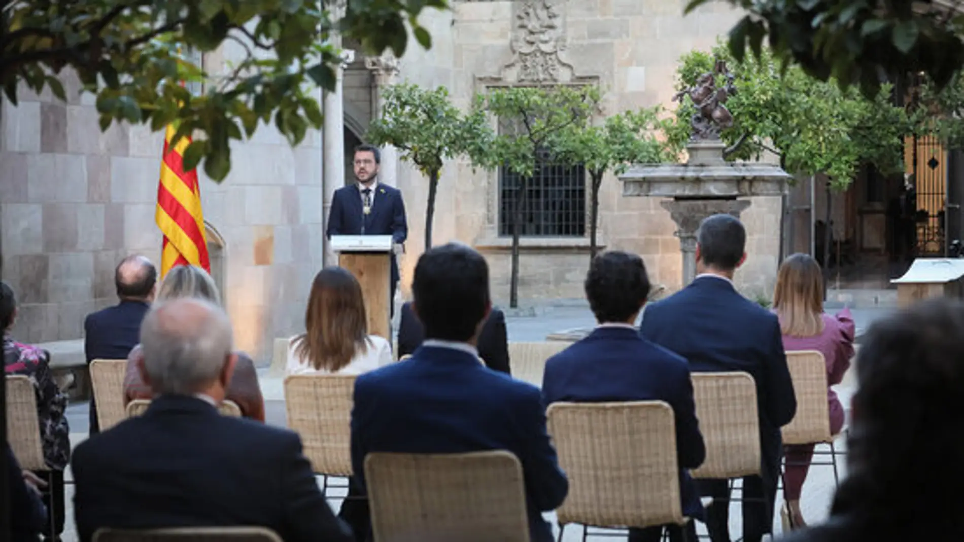 Pla general del president de la Generalitat, Pere Aragonès, en el seu discurs d'investidura al Pati dels Tarongers, el 24 de maig de 2021