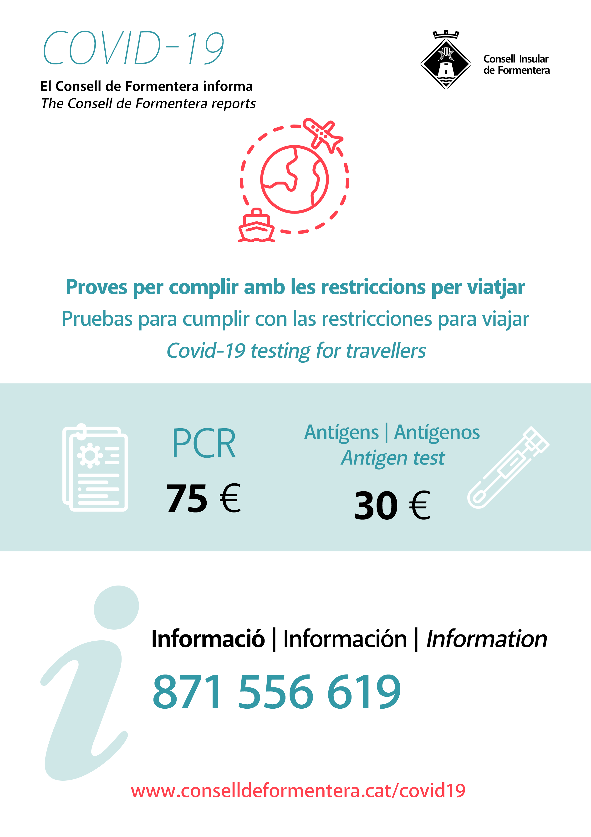 Formentera crea en su web un apartado con información sobre las pruebas de Covid necesarias para viajar Formentera crea en su web un apartado con información sobre las pruebas de Covid necesarias para viajar