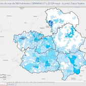 Mapa de Castilla-La Mancha con los datos de casos positivos por provincias durante la semana pasada