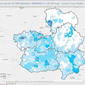 Mapa de Castilla-La Mancha con los datos de casos positivos por provincias durante la semana pasada Mapa de Castilla-La Mancha con los datos de casos positivos por provincias durante la semana pasada