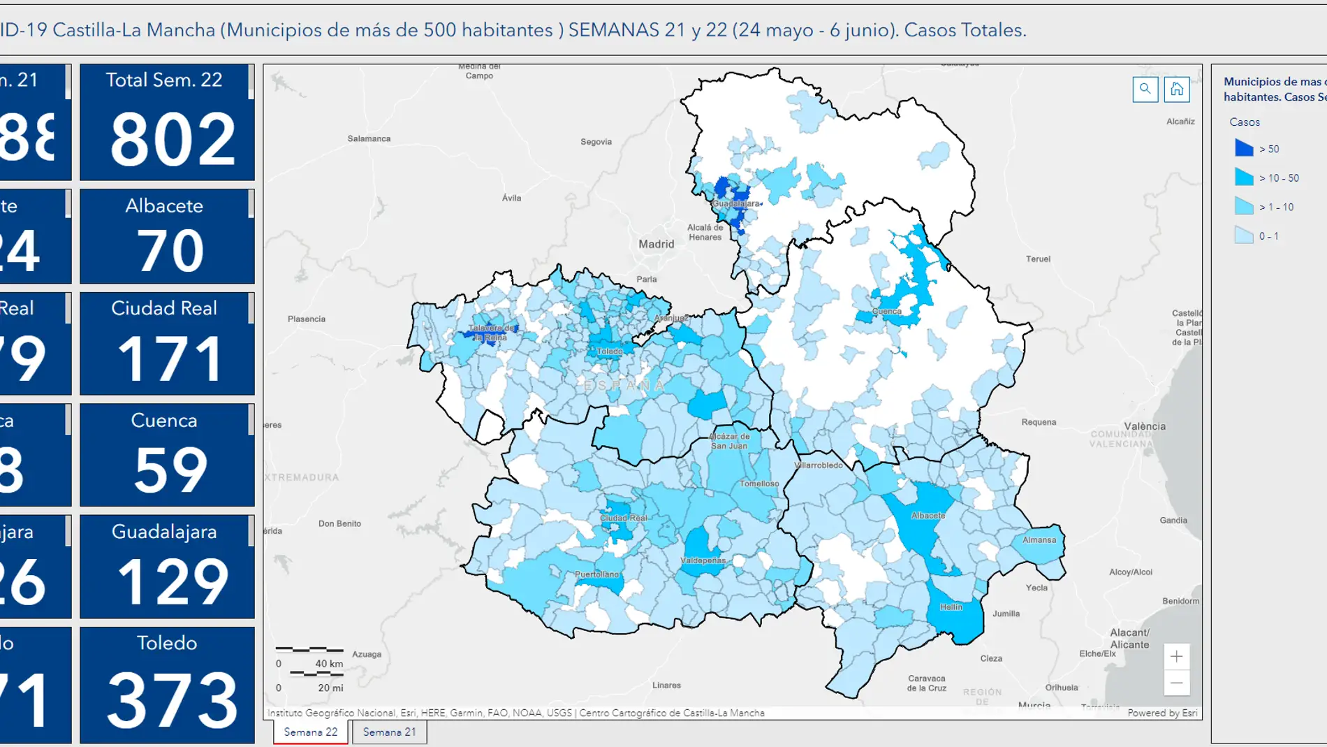 Mapa de Castilla-La Mancha con los datos de casos positivos por provincias durante la semana pasada
