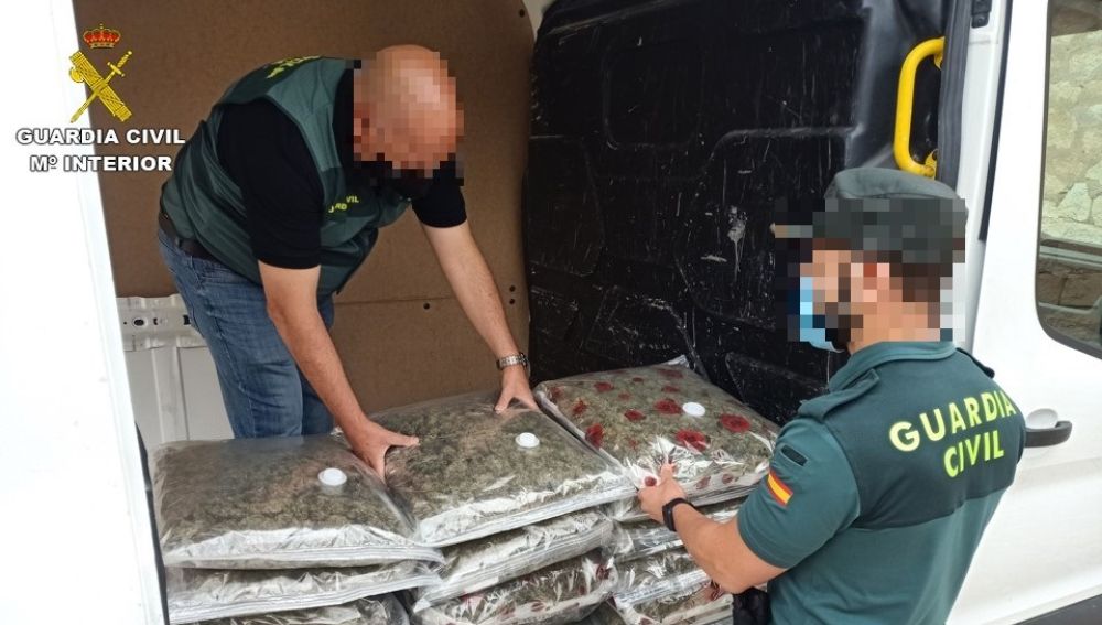 Agentes de la Guardia Civil con la marihuana interceptada en Monforte del Cid.