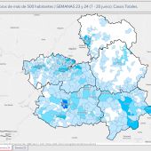 Mapa de CLM con el número de casos positivos en cada provincia