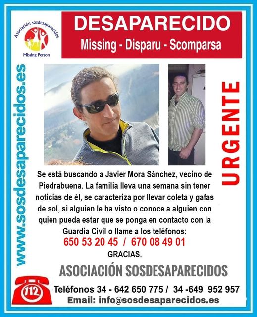 Un centenar de personas han buscado hoy en Piedrabuena a Javier Mora, desaparecido el 13 de junio Un centenar de personas han buscado hoy en Piedrabuena a Javier Mora, desaparecido el 13 de junio