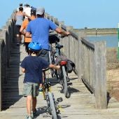 Ciclistas transitando por el Caño del Río San Pedro, en Cádiz