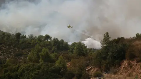 Un hidroavión realizando tareas de extinción del incendio en la Pobla de Massaluca Un hidroavión realizando tareas de extinción del incendio en la Pobla de Massaluca
