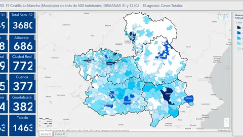 Mapa de CLM con los datos de casos positivos por provincias en la semana pasada Mapa de CLM con los datos de casos positivos por provincias en la semana pasada