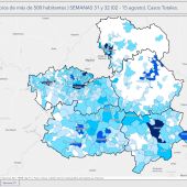 Mapa de CLM con los datos de casos positivos por provincias en la semana pasada