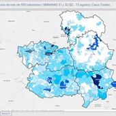 Mapa de CLM con los datos de casos positivos por provincias en la semana pasada Mapa de CLM con los datos de casos positivos por provincias en la semana pasada
