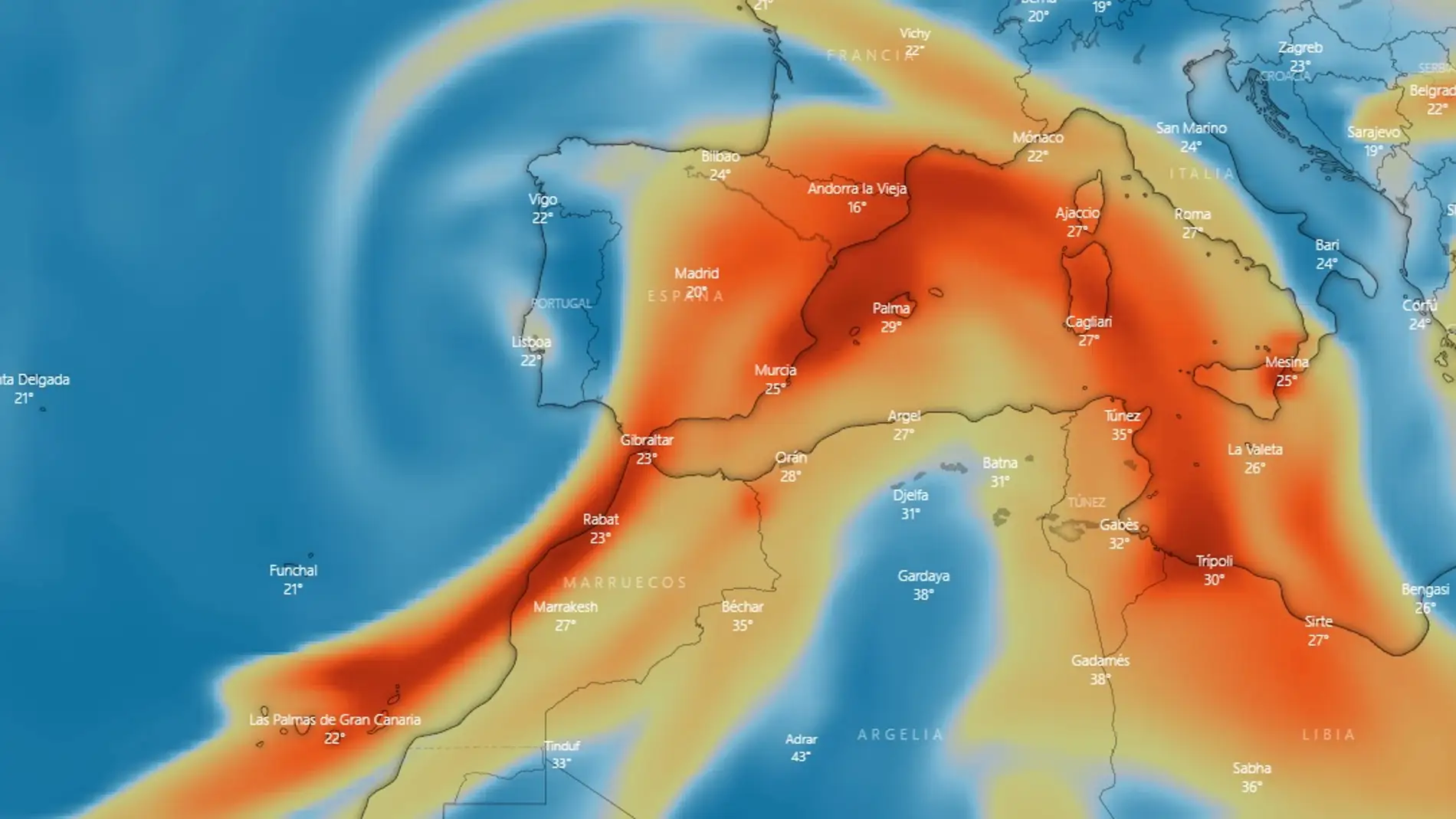 Posible trayectoria del dióxido de azufre del volcán de La Palma