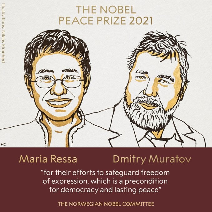Los periodistas Maria Ressa y Dmitry Muratov, ganadores del Premio Nobel de la Paz 2021 Los periodistas Maria Ressa y Dmitry Muratov, ganadores del Premio Nobel de la Paz 2021