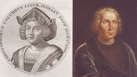Montaje de una ilustraci&oacute;n y un cuadro de Crist&oacute;bal Col&oacute;n