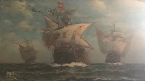 Lámina de la nao Santa María y las carabelas La Pinta y La Niña Lámina de la nao Santa María y las carabelas La Pinta y La Niña