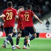 España celebra el gol de Sarabia ante Grecia