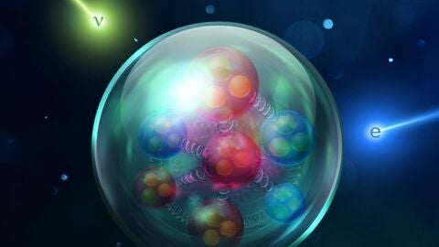 representaci&oacute;n art&iacute;stica de la interacci&oacute;n de los neutrinos con el n&uacute;cleo de un &aacute;tomo