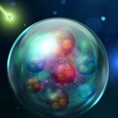 representación artística de la interacción de los neutrinos con el núcleo de un átomo