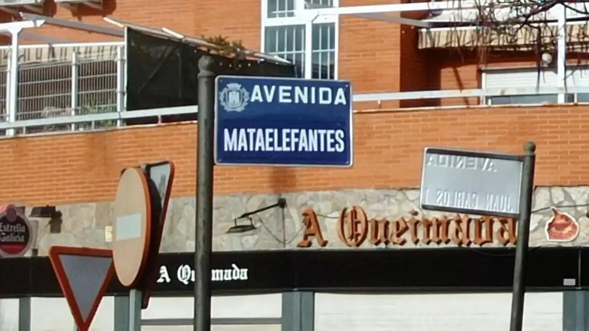 Placa del callejero de Alcalá de Henares donde el nombre de la Avenida Juan Carlos I ha sido sustituido por el de "Avenida Mataelefantes"