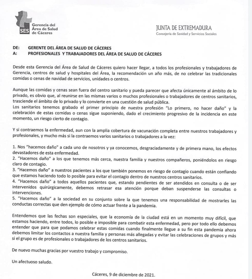 El SES aconseja a sus trabajadores no realizar comidas y cenas en los servicios durante Navidad El SES aconseja a sus trabajadores no realizar comidas y cenas en los servicios durante Navidad