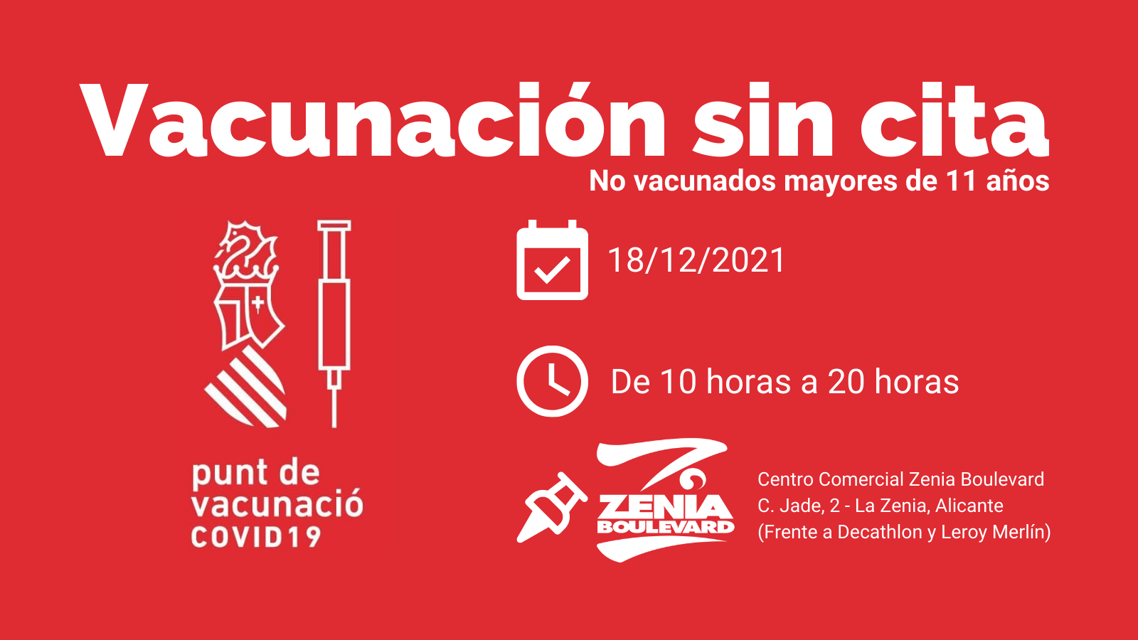 Nueva vacunación masiva este sábado en el Centro Comercial Zenia Boulevard Nueva vacunación masiva este sábado en el Centro Comercial Zenia Boulevard
