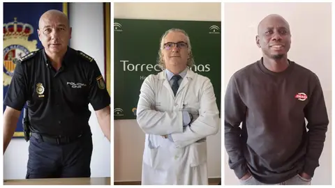 El comisario provincial del Cuerpo Nacional de Policía, Rafael Madrona, el director gerente del Hospital Universitario Torrecárdenas, Manuel Vida y el educador-mediador de Cruz Roja, Jean Michael Diatta. ONDA CERO ALMERIA