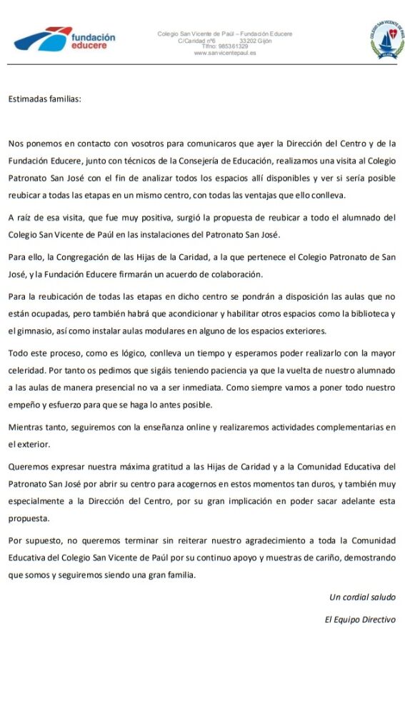 Carta a las familias del Colegio San Vicente de Paúl