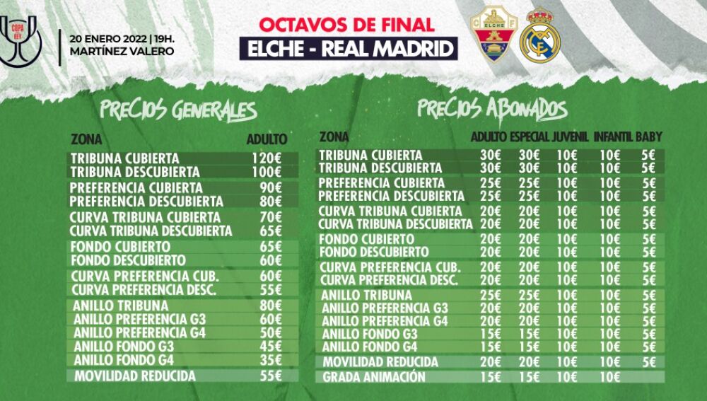 Precios de las entradas para el partido de Copa ante el Real Madrid.