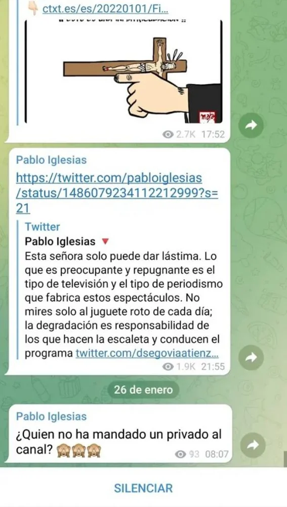 Mensaje de Pablo Iglesias en Telegram